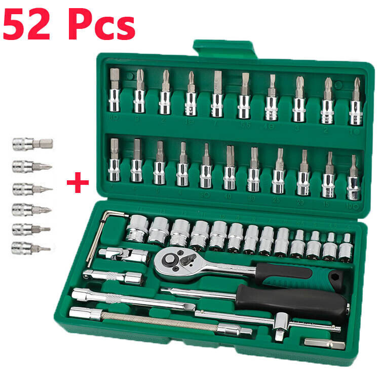 52 Pcs Socket Wrench Set 1/4" Drive Ratchet Metric Kit Garage Car Repair Tool US