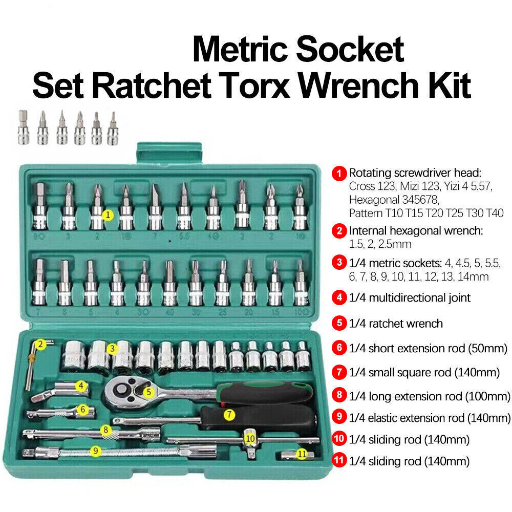 52 Pcs Socket Wrench Set 1/4" Drive Ratchet Metric Kit Garage Car Repair Tool US