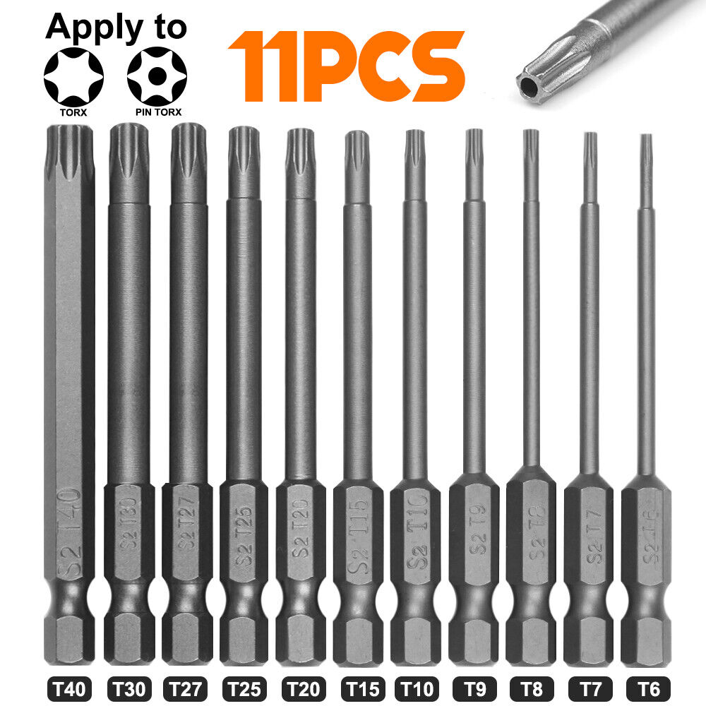 11x Torx Screwdriver Bit Set Hex Security Magnetic Head-76mm Extra Long/T6-T40