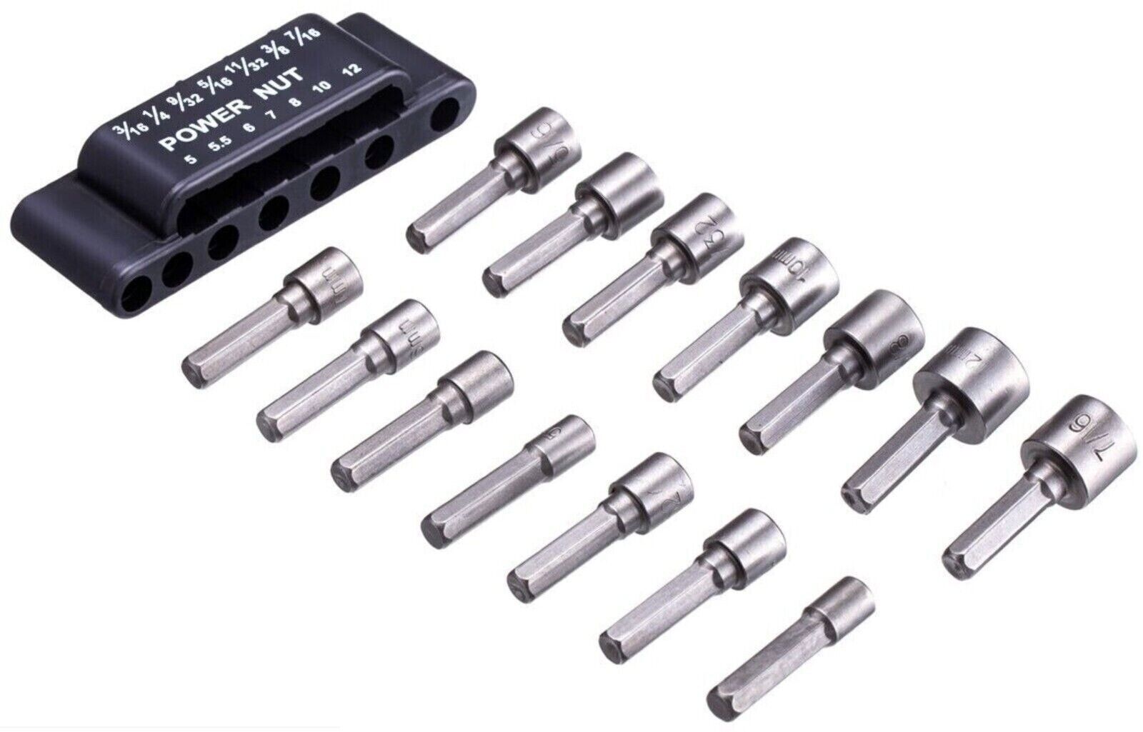 14pc POWER NUT Driver Bit Set Dual 1/4 Quick Change SAE & Metric MM Detent Shank
