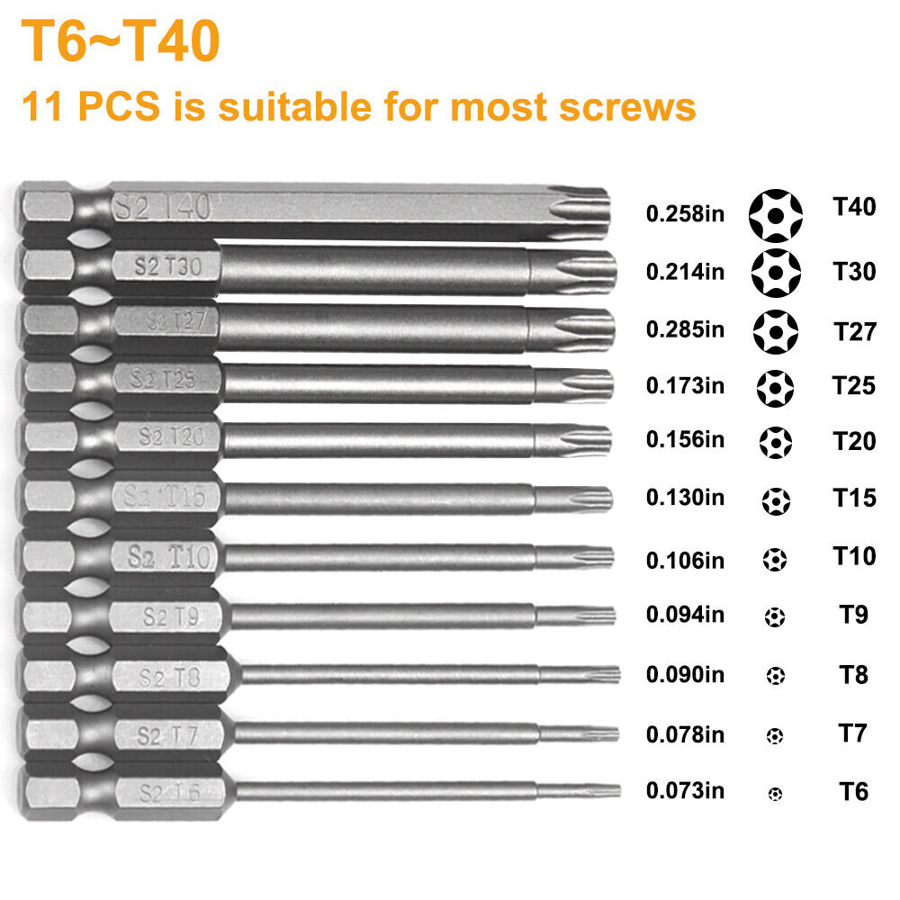 11x Torx Screwdriver Bit Set Hex Security Magnetic Head-76mm Extra Long/T6-T40