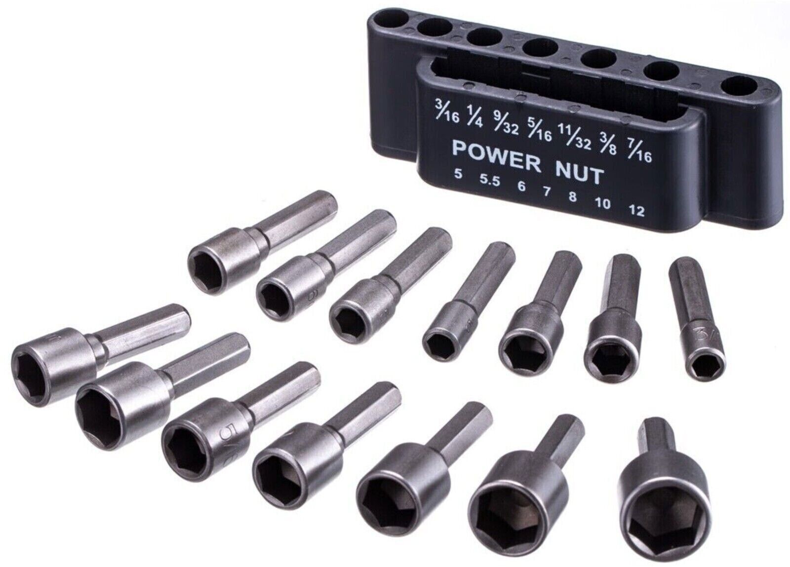 14pc POWER NUT Driver Bit Set Dual 1/4 Quick Change SAE & Metric MM Detent Shank