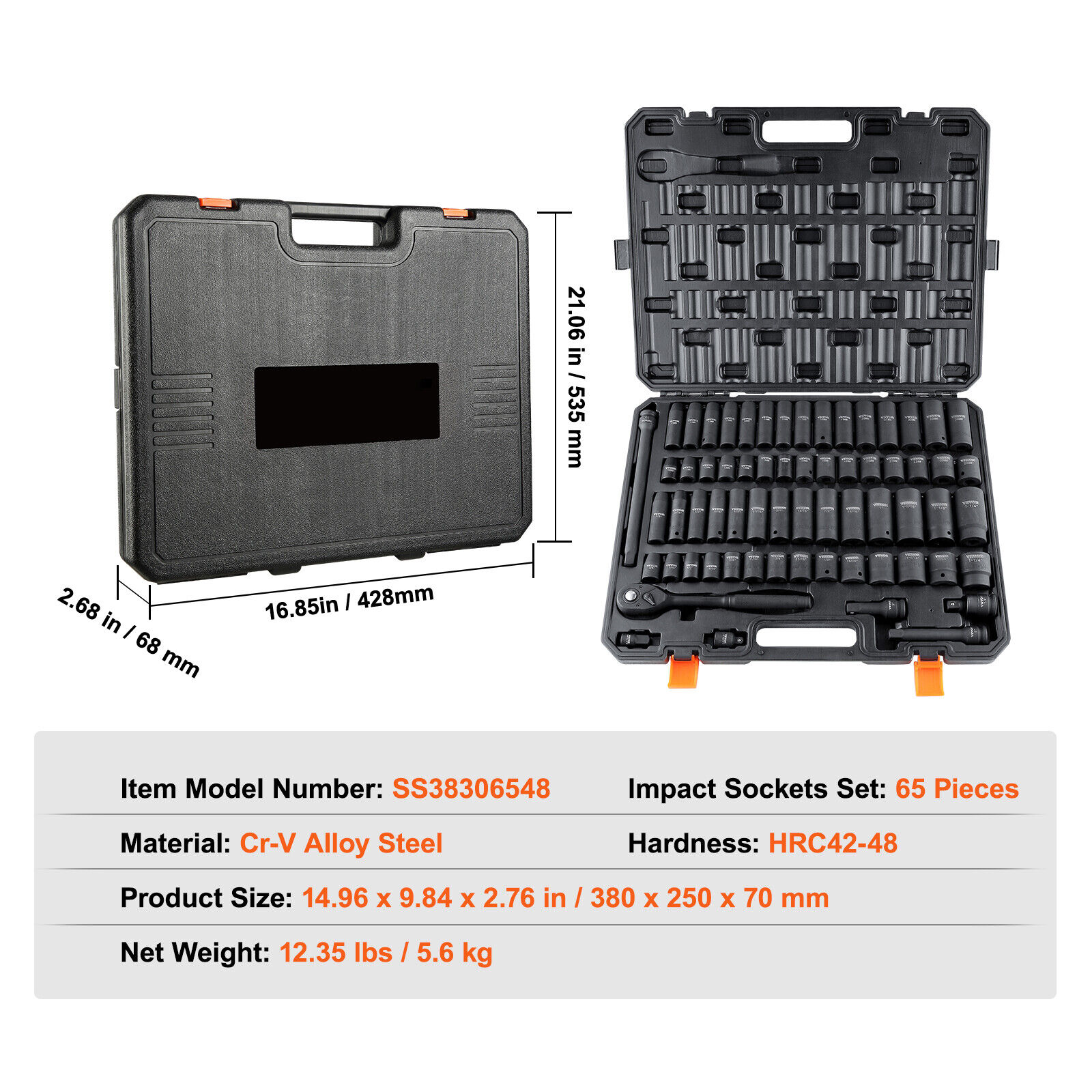 Impact Sockets Set 65pcs 6 Point 1/2in Drive Bit Ratchet Tool Kit Case