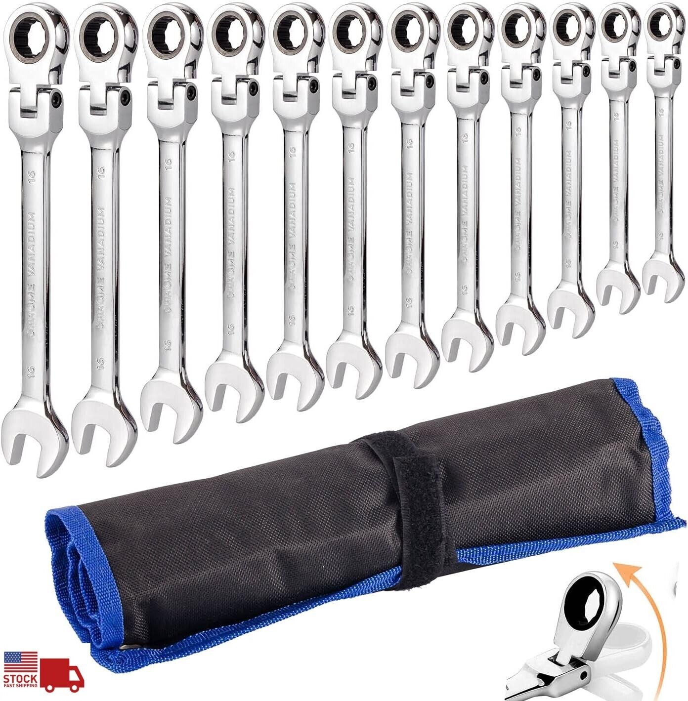 12Pc 8-19mm Metric Flexible Head Ratcheting Wrench Combination Spanner Tool Set