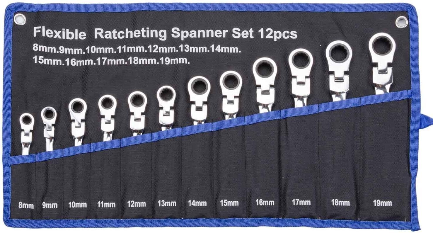 12Pc 8-19mm Metric Flexible Head Ratcheting Wrench Combination Spanner Tool Set
