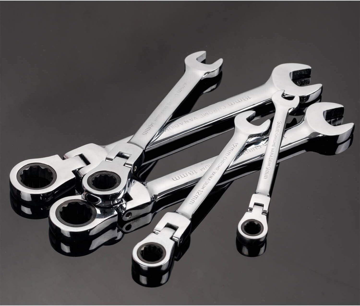 12Pc 8-19mm Metric Flexible Head Ratcheting Wrench Combination Spanner Tool Set