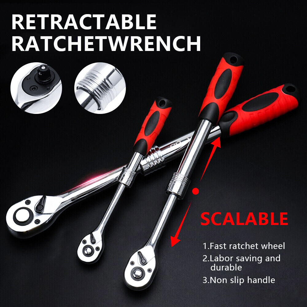 3pc Extendable Long Handle Socket Ratchet Set 1/4" 3/8" 1/2" Drive Ratchet Tools