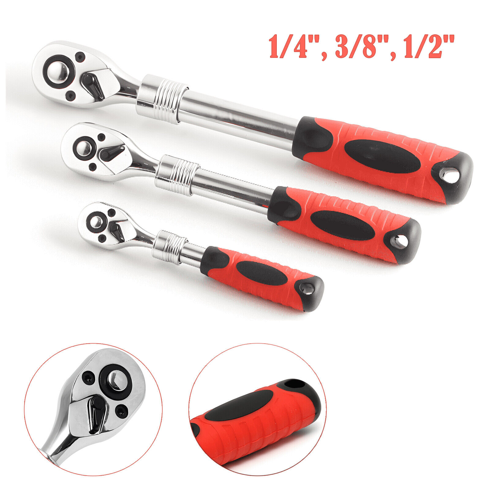 3pc Extendable Long Handle Socket Ratchet Set 1/4" 3/8" 1/2" Drive Ratchet Tools