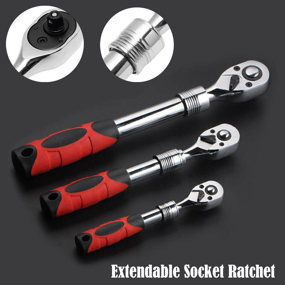 3pc Extendable Long Handle Socket Ratchet Set 1/4" 3/8" 1/2" Drive Ratchet Tools