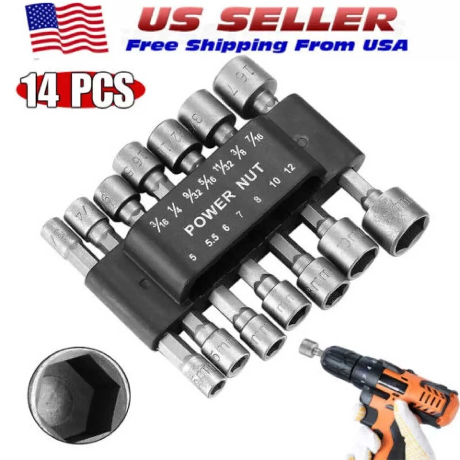 14PC Power Nut Driver Drill Bit Set Socket Bit Adapter metric & SAE Socket for W