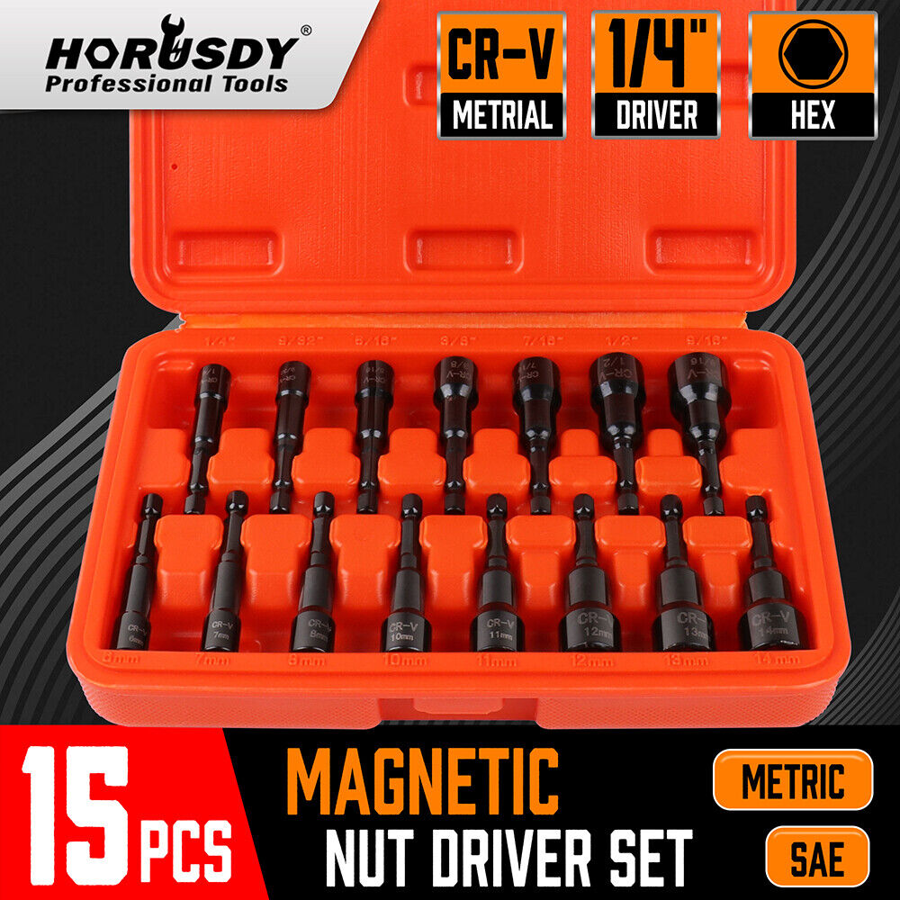 15pc Magnetic Nut Driver Setter Bit Nut Driver MM & SAE 1/4" Shank Quick Change