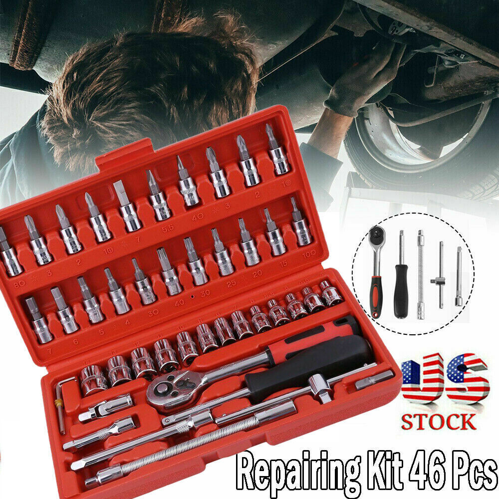 46PCS Socket Spanner Tool Kit Ratchet Wrench Set METRIC/SAE 1/4" Drive w/Case US