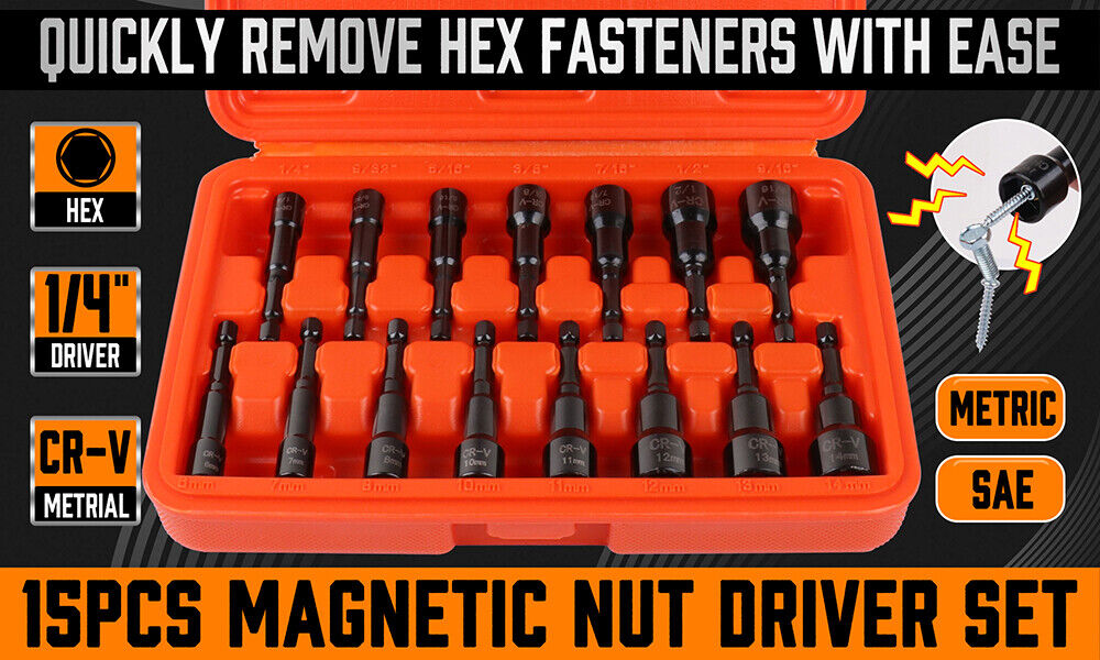 15pc Magnetic Nut Driver Setter Bit Nut Driver MM & SAE 1/4" Shank Quick Change