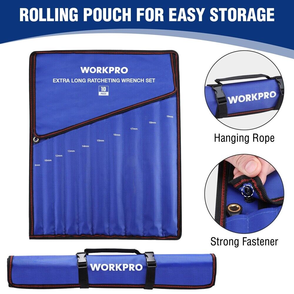WORKPRO 10PC Extra Long Ratcheting Wrench Set 8-19mm Combination Metric 72-Teeth