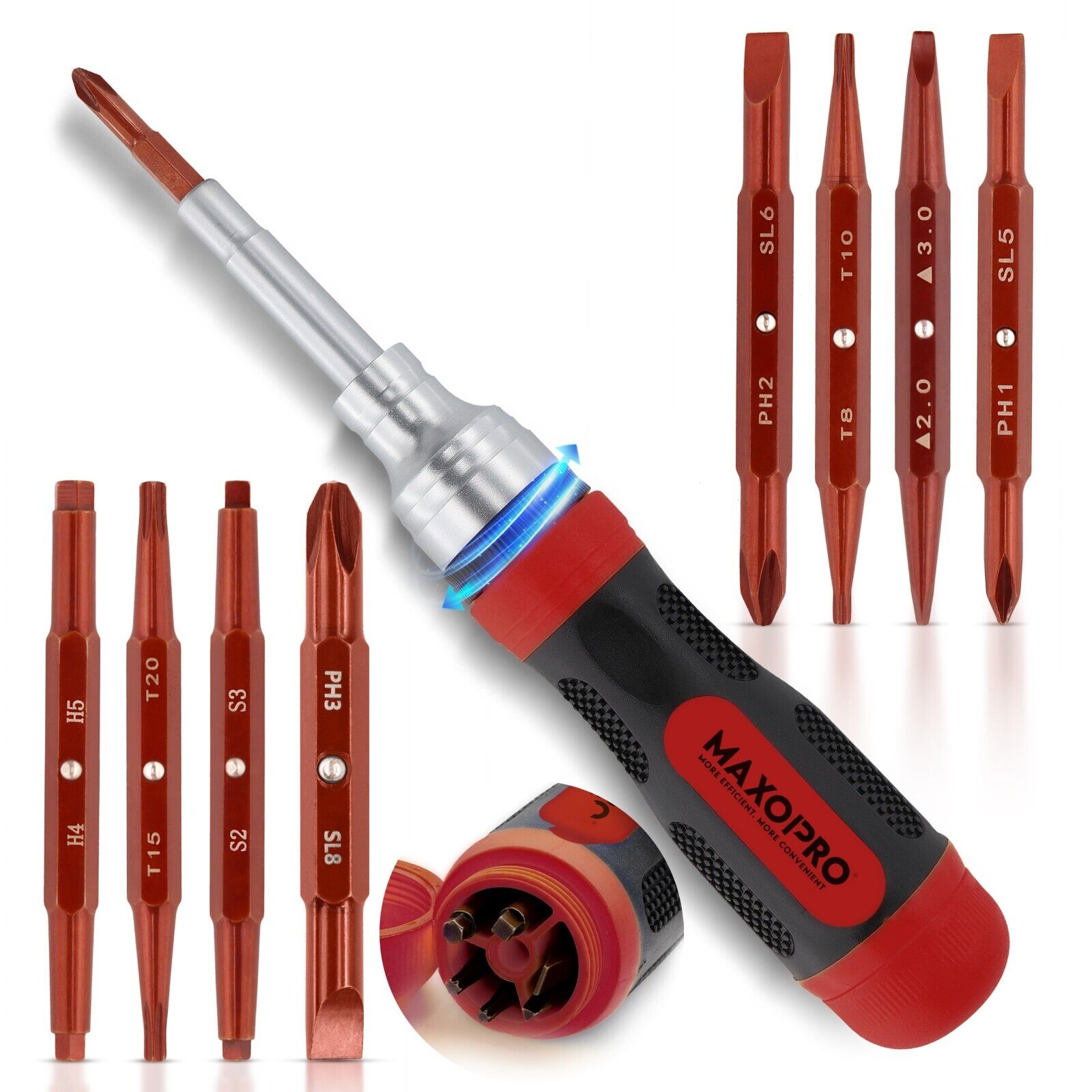 Maxopro Ratcheting Screwdriver Set with Magnetic Tips - 19 in 1 Ratchet Portable