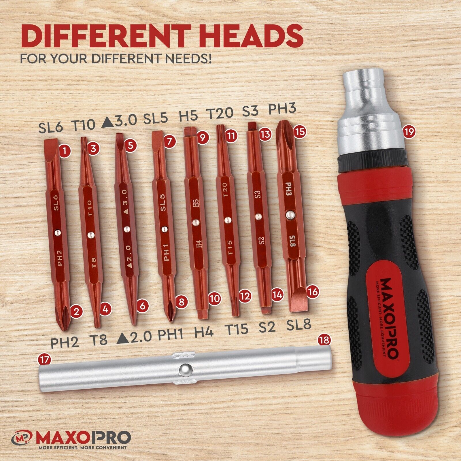 Maxopro Ratcheting Screwdriver Set with Magnetic Tips - 19 in 1 Ratchet Portable