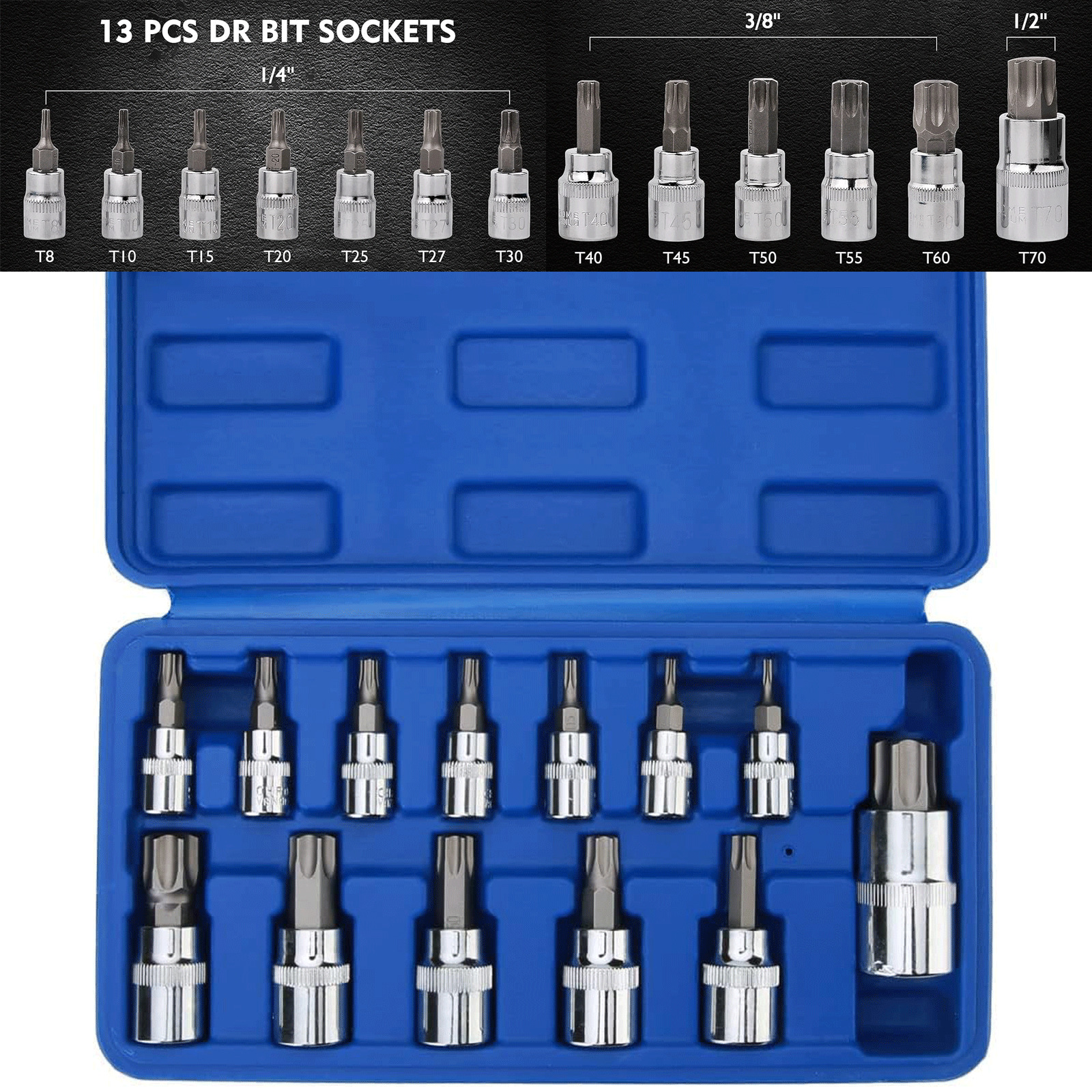13Pcs Star Torx Bit Socket Set,1/4-inch(T8-T30),3/8-inch(T40-T60),1/2-inch(T70) 