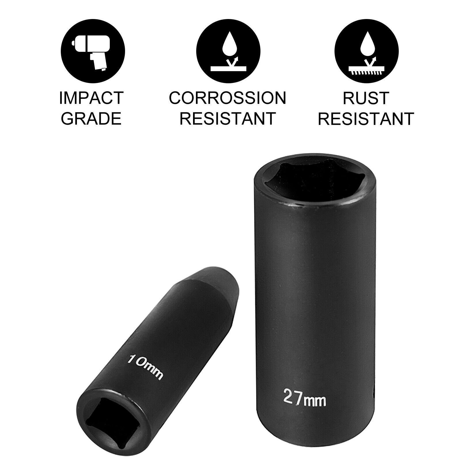 Impact Sockets Set 1/2Inch Drive 26 PCS Metric 10mm-36mm Deep 6-Point Set