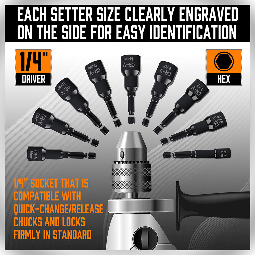 15pc Magnetic Nut Driver Setter Bit Nut Driver MM & SAE 1/4" Shank Quick Change