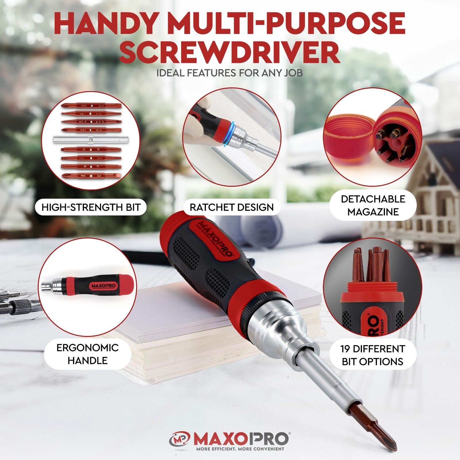 Maxopro Ratcheting Screwdriver Set with Magnetic Tips - 19 in 1 Ratchet Portable