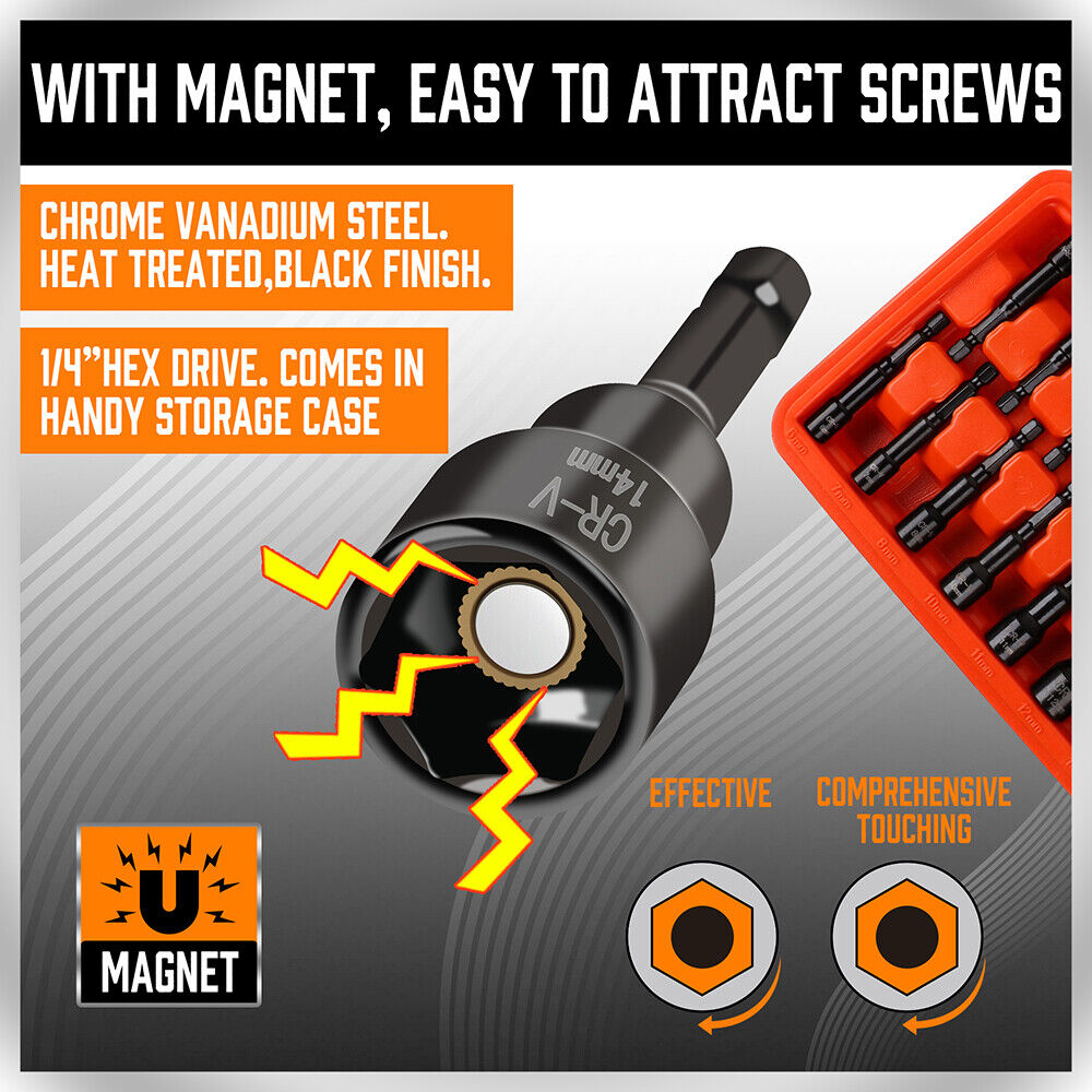 15pc Magnetic Nut Driver Setter Bit Nut Driver MM & SAE 1/4" Shank Quick Change
