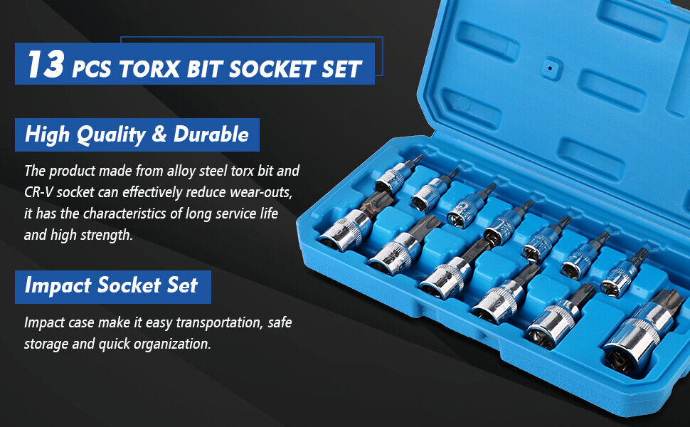 13Pcs Star Torx Bit Socket Set,1/4-inch(T8-T30),3/8-inch(T40-T60),1/2-inch(T70) 