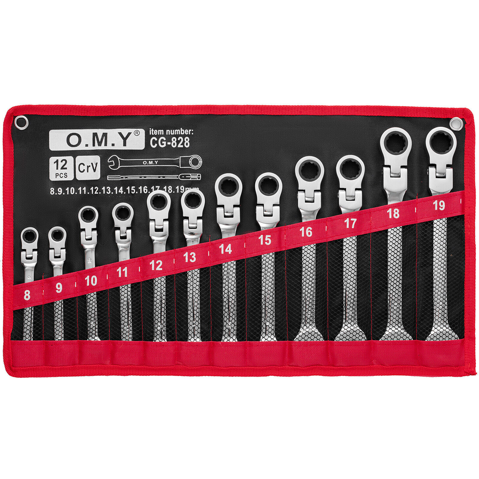 12Pc 8-19mm Metric Flexible Head Ratcheting Wrench Combination Spanner Tool Set