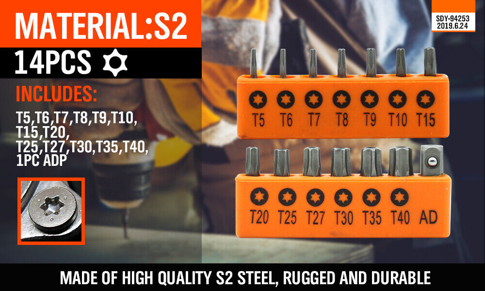 14PC Security Tamper Proof Torq Torx Hex Bit Set Star Resistant S2 Steel T5 -T40