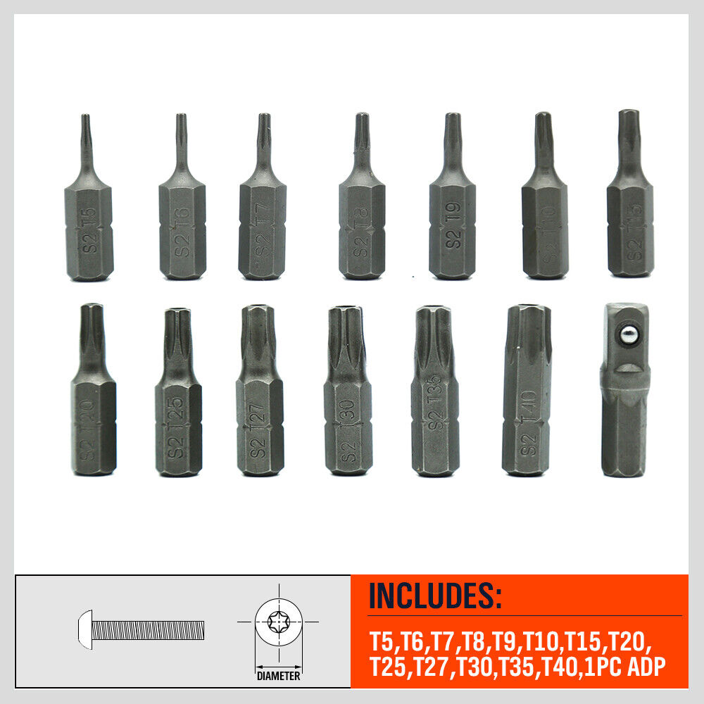 14PC Security Tamper Proof Torq Torx Hex Bit Set Star Resistant S2 Steel T5 -T40