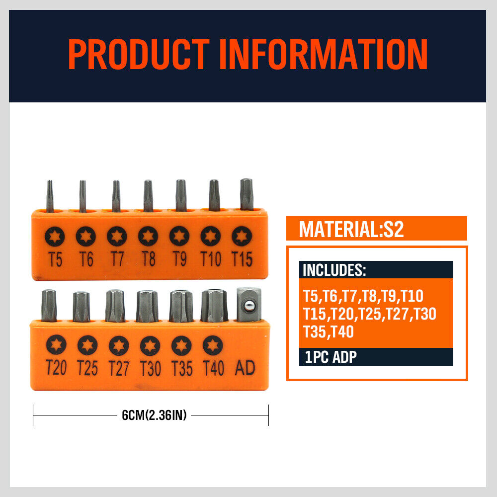 14PC Security Tamper Proof Torq Torx Hex Bit Set Star Resistant S2 Steel T5 -T40