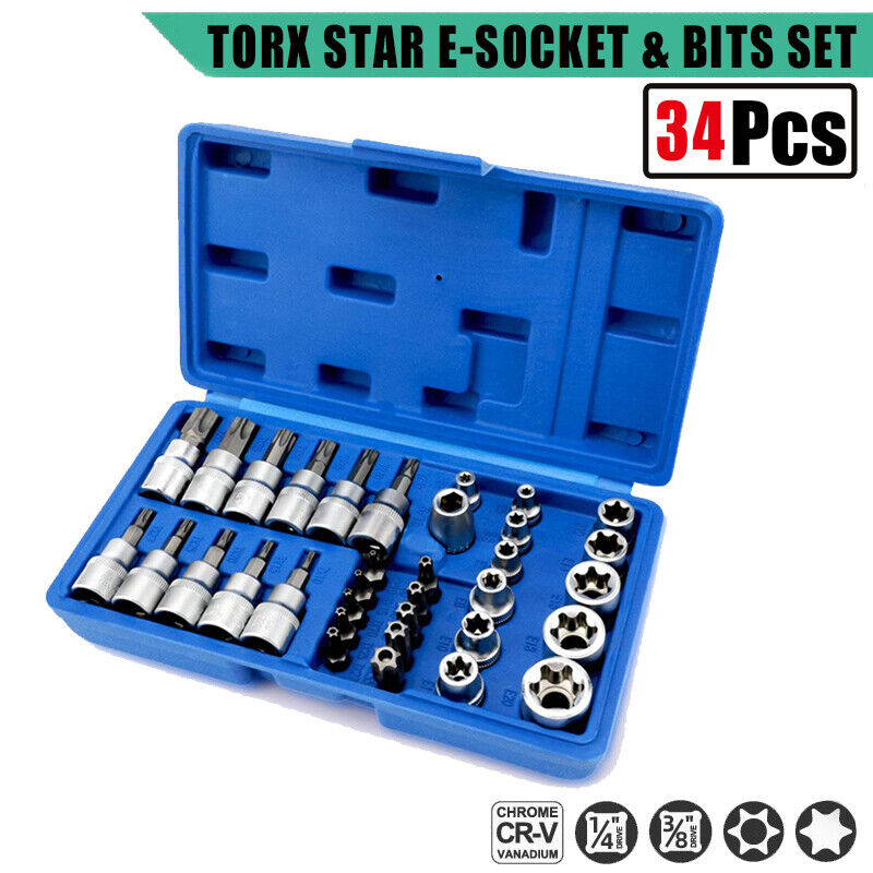 34PC Torque Torx Star Sockets Bit Set Male Female E-torx Bits 3/8 1/4'' Handheld