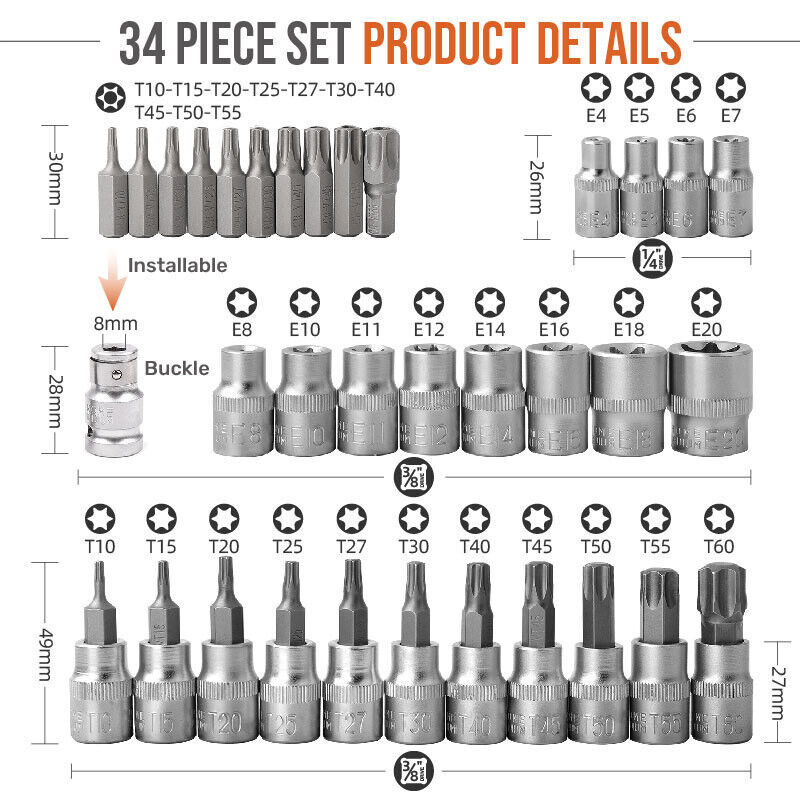 34PC Torque Torx Star Sockets Bit Set Male Female E-torx Bits 3/8 1/4'' Handheld