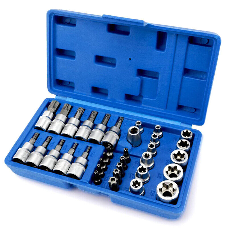 34PC Torque Torx Star Sockets Bit Set Male Female E-torx Bits 3/8 1/4'' Handheld