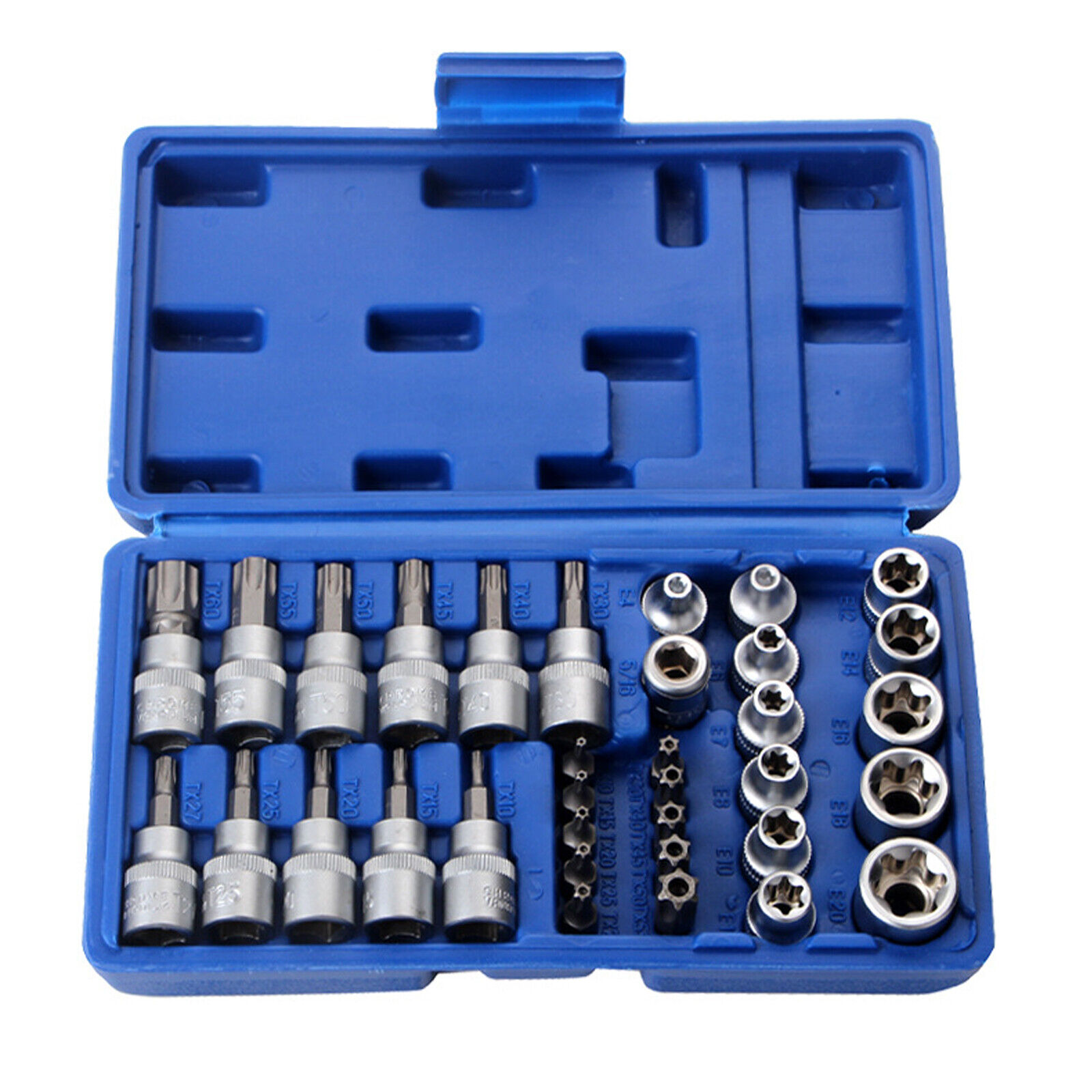 34PC Torque Torx Star Sockets Bit Set Male Female E-torx Bits 3/8 1/4'' Handheld
