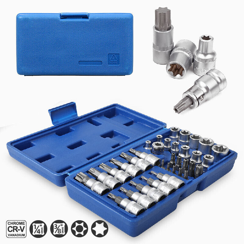 34PC Torque Torx Star Sockets Bit Set Male Female E-torx Bits 3/8 1/4'' Handheld