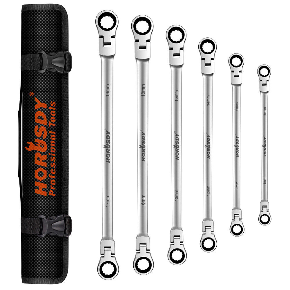 Extra Long Flex Head Ratcheting Wrench set 6PC Double Box End Metric 8-19 Pouch