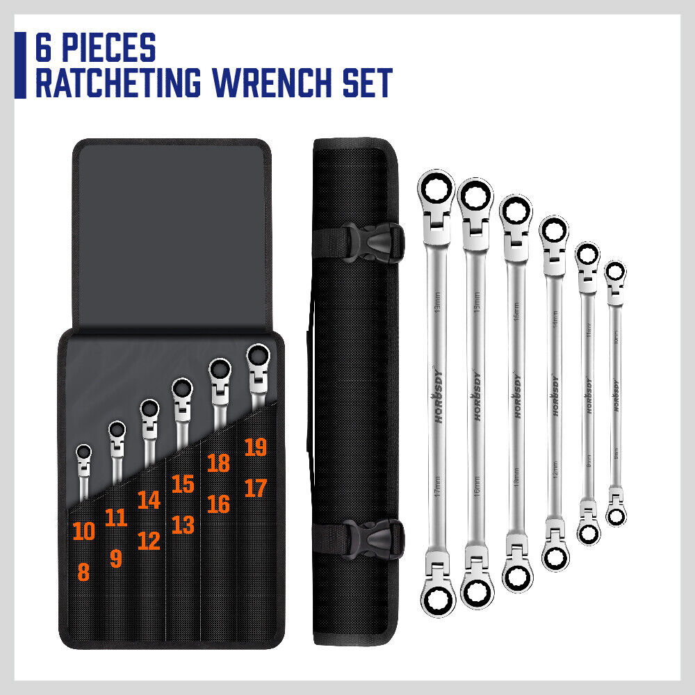 Extra Long Flex Head Ratcheting Wrench set 6PC Double Box End Metric 8-19 Pouch