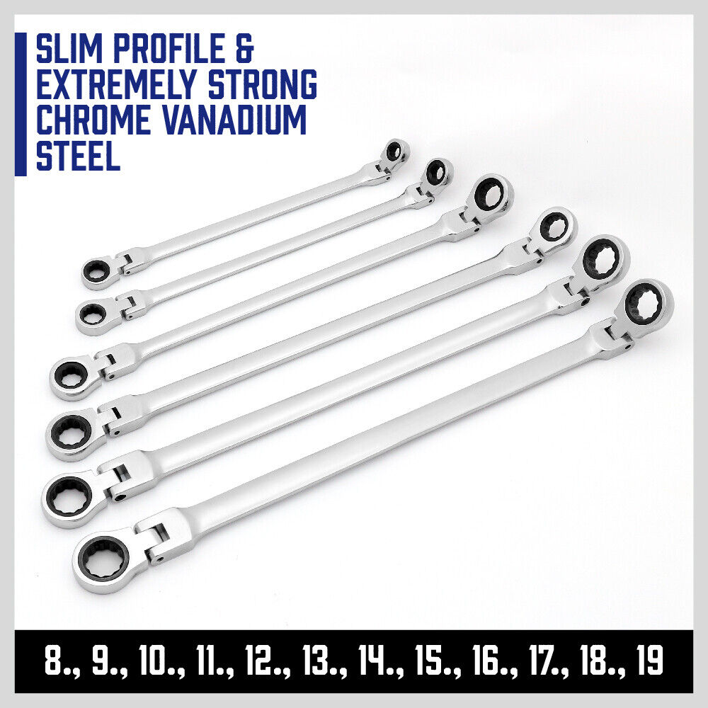Extra Long Flex Head Ratcheting Wrench set 6PC Double Box End Metric 8-19 Pouch