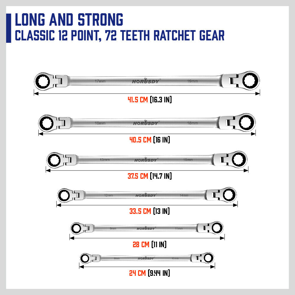 Extra Long Flex Head Ratcheting Wrench set 6PC Double Box End Metric 8-19 Pouch