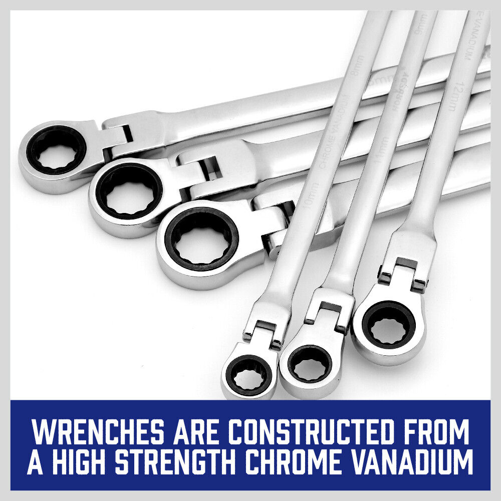 Extra Long Flex Head Ratcheting Wrench set 6PC Double Box End Metric 8-19 Pouch