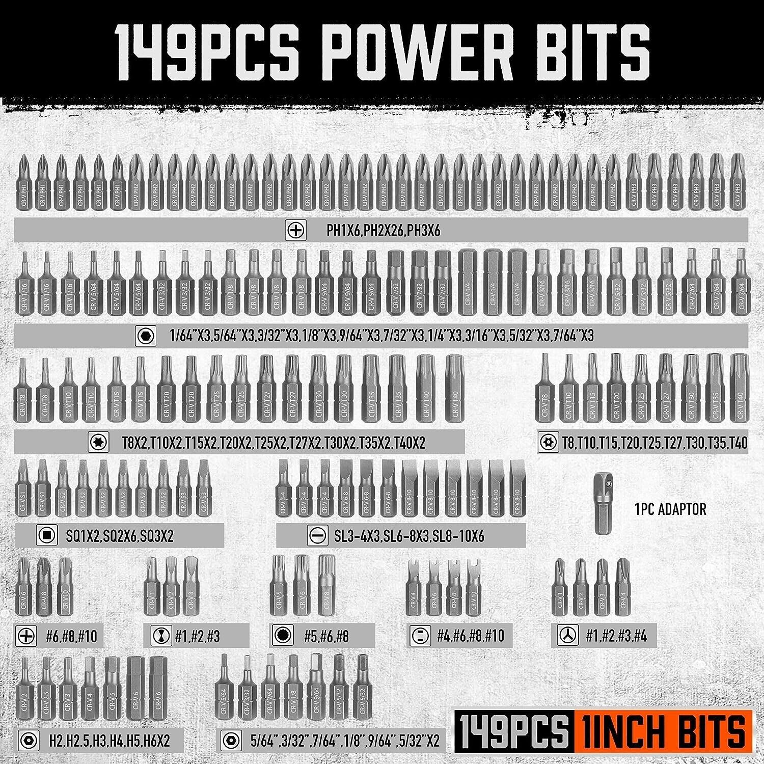 Screwdriver Bit Set | 219 Piece | CR-V Steel | Includes Bit Driver and Hard-to-F