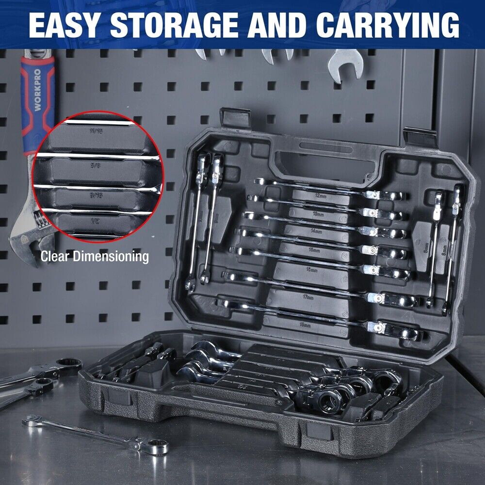 WORKPRO 22PC Ratcheting Wrench Set 72-Teeth Flex-Head Ratchet Combination Wrench