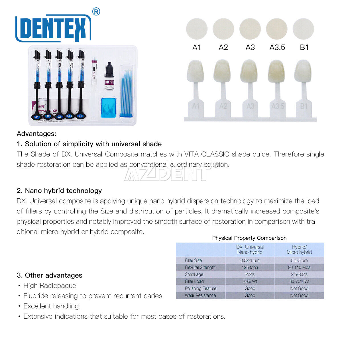  DENTEX Universal Dental Light Cure Composite Resin Kit A1 A2 A3 A3.5 B1