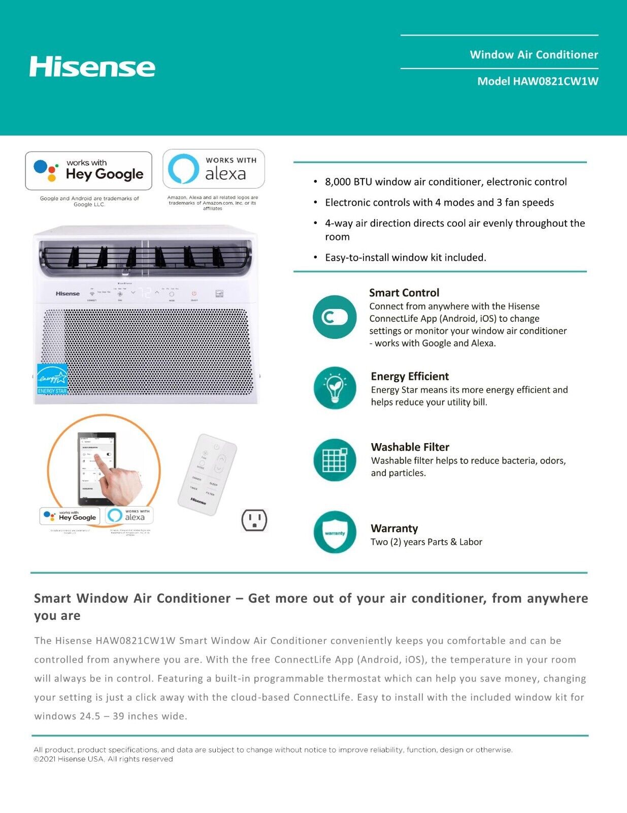 Hisense 8,000 BTU (350 sq. ft) Window AC with Wifi, Energy Star