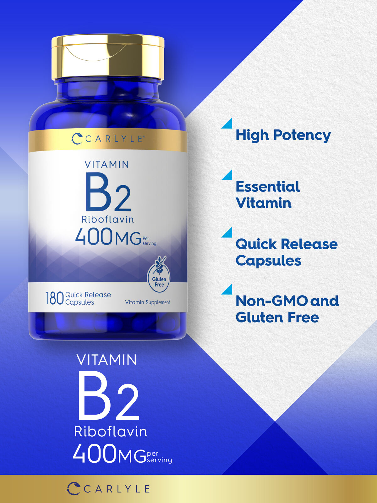 Vitamin B2 400mg | 180 Capsules | Riboflavin | Vegetarian, Non-GMO | by Carlyle