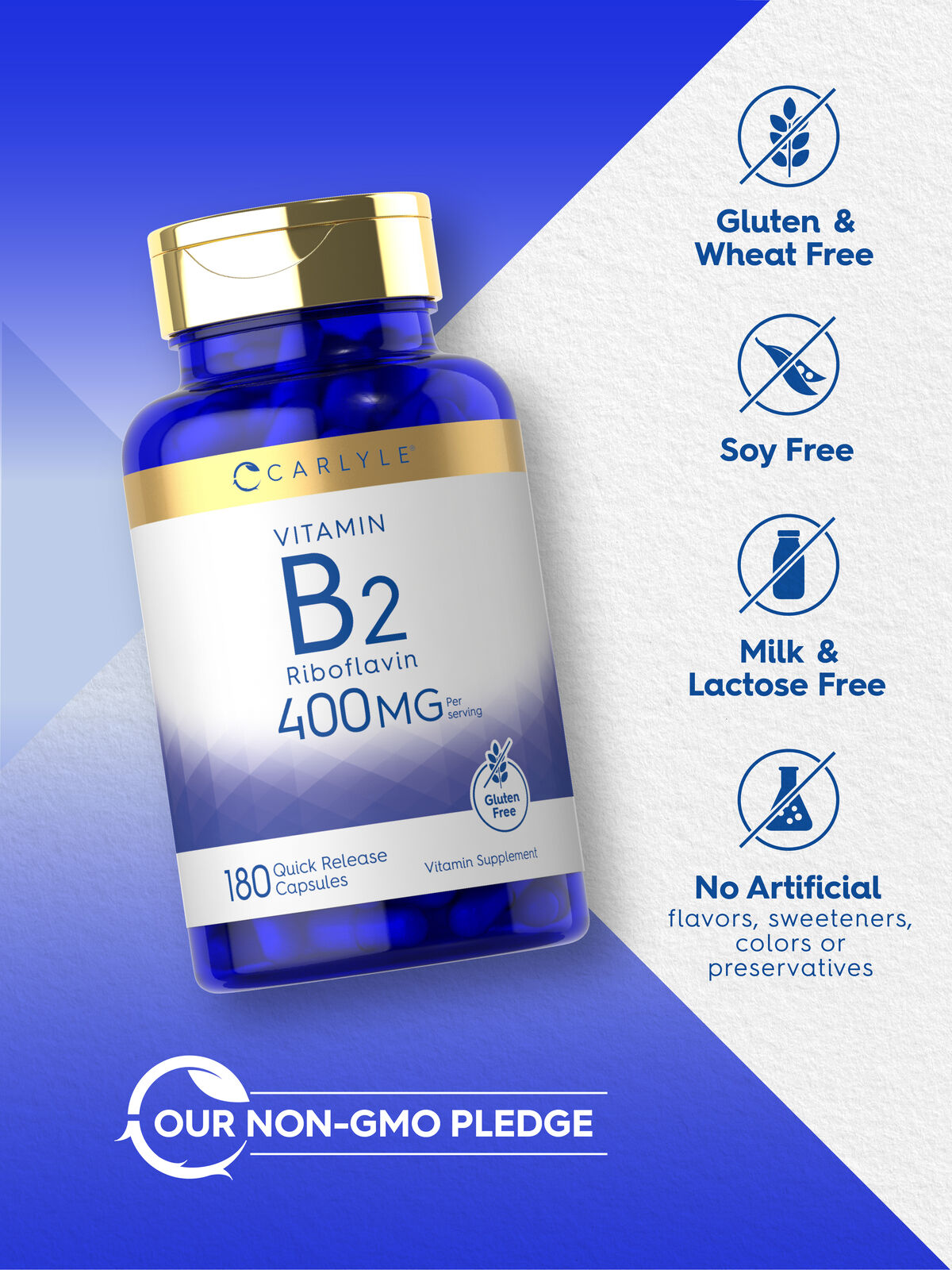 Vitamin B2 400mg | 180 Capsules | Riboflavin | Vegetarian, Non-GMO | by Carlyle