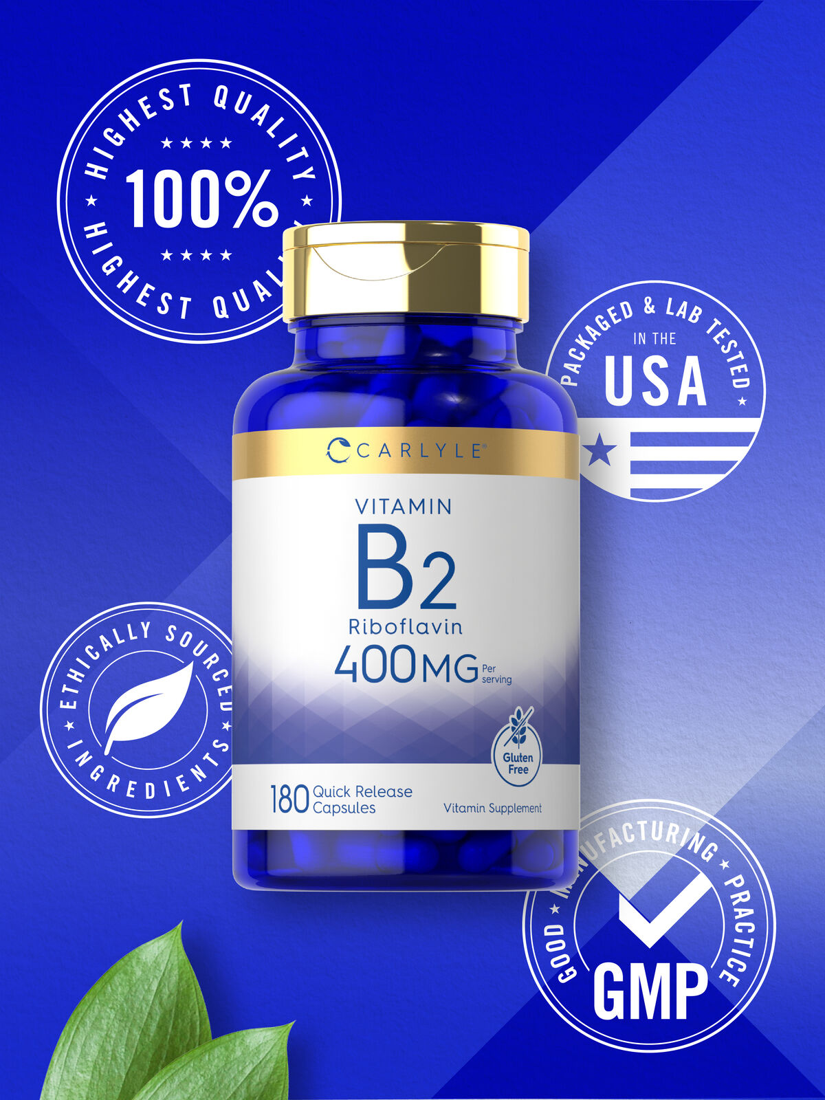 Vitamin B2 400mg | 180 Capsules | Riboflavin | Vegetarian, Non-GMO | by Carlyle