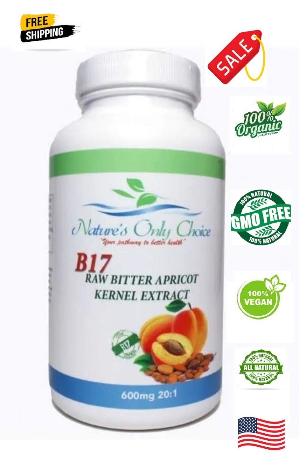 Organic Vitamin B 17 Apricot Seed Kernel Bitter 600mg/100 Capsules Extract USA