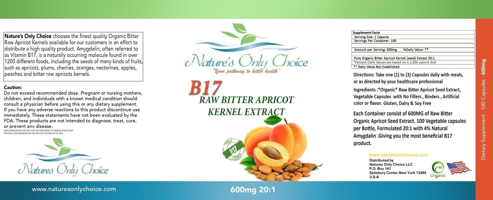 Organic Vitamin B 17 Apricot Seed Kernel Bitter 600mg/100 Capsules Extract USA