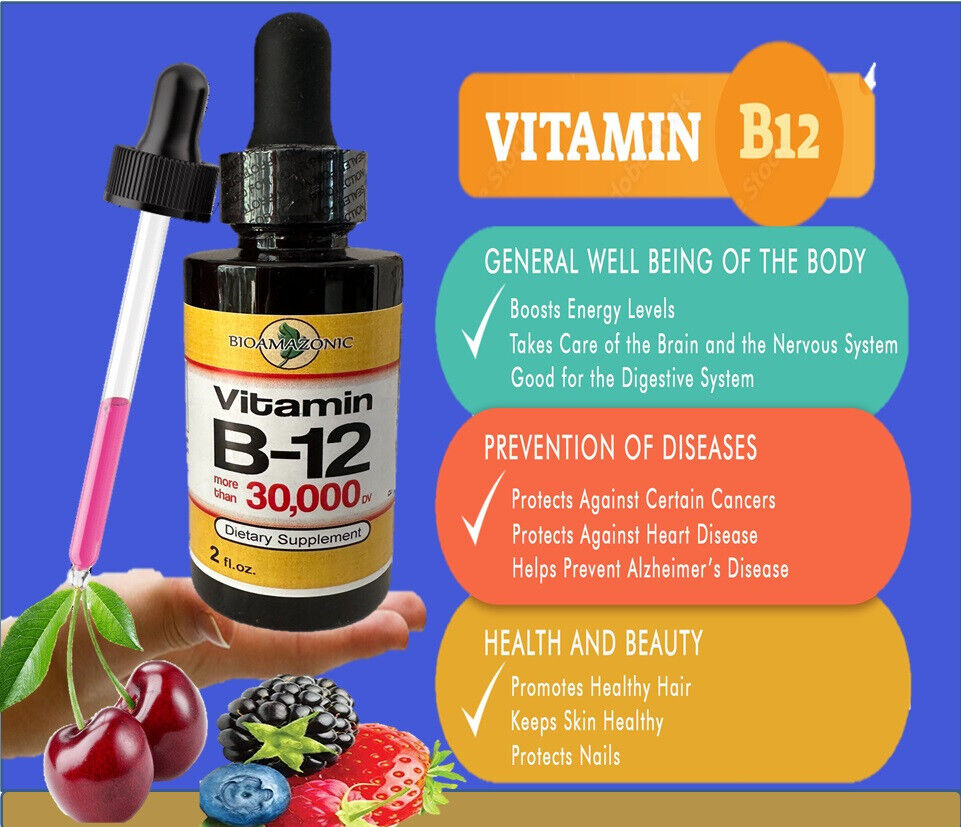 Vitamin B12 Sublingual Liquid Drops 30,000 Natural Energy Booster (2 oz)